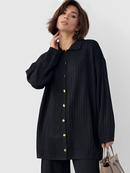 Conjunto Canelado com Camisa Alongada de Botões e Calça Reta